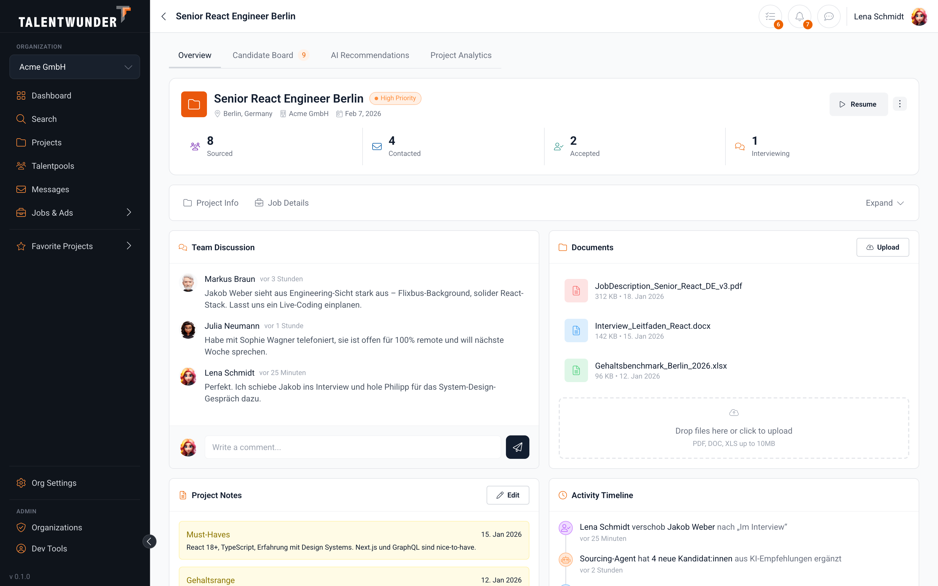 Projekt-Overview-Dashboard mit Team-Aktivität und Pipeline-Fortschritt.