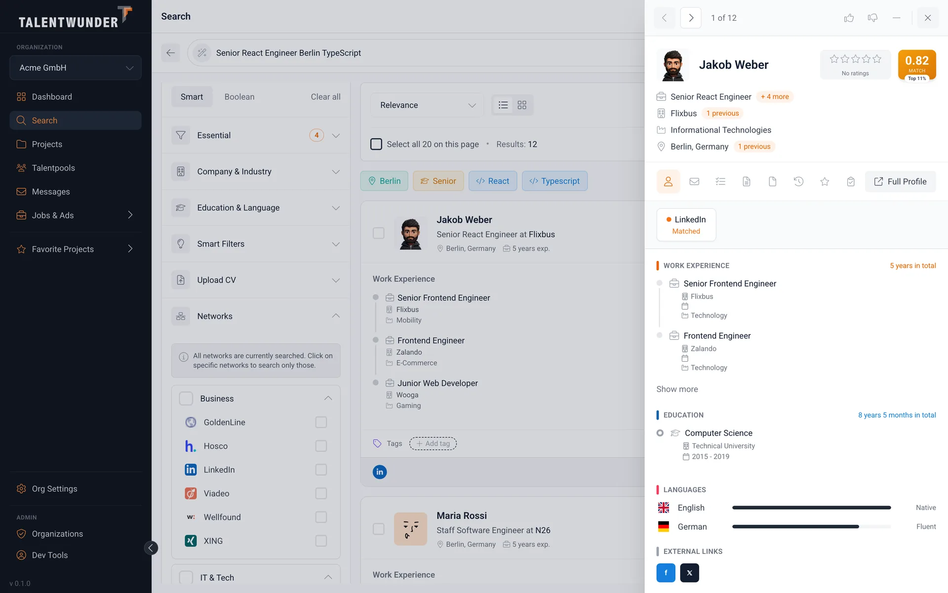 Talentwunder search results page with the candidate preview drawer open on the right.